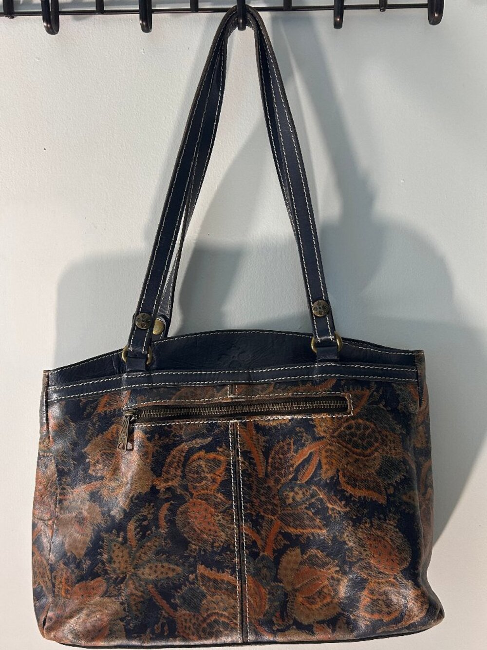 Patricia Nash Floral Leather Zip Top Tote Shoulder Bag Brown Black